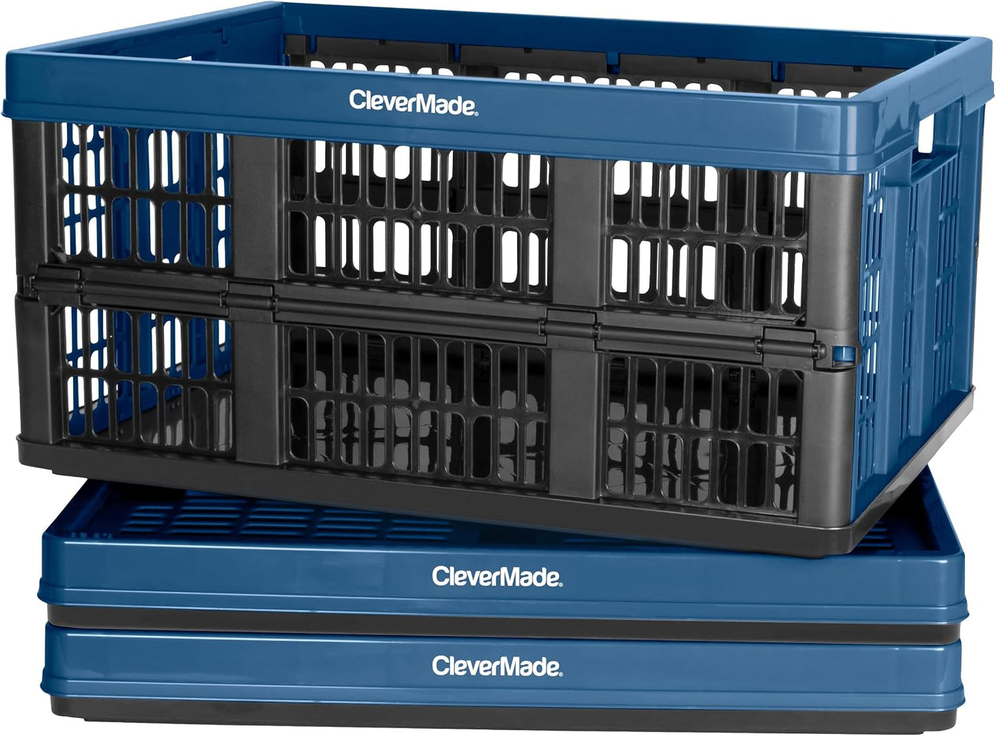 CleverMade Collapsible Utility Crates, Ocean, 3 Pack, 45L/11 Gal, 66 lbs Capacity, Stackable Containers, Heavy Duty, Space-Saving Baskets,Polypropylene (PP)