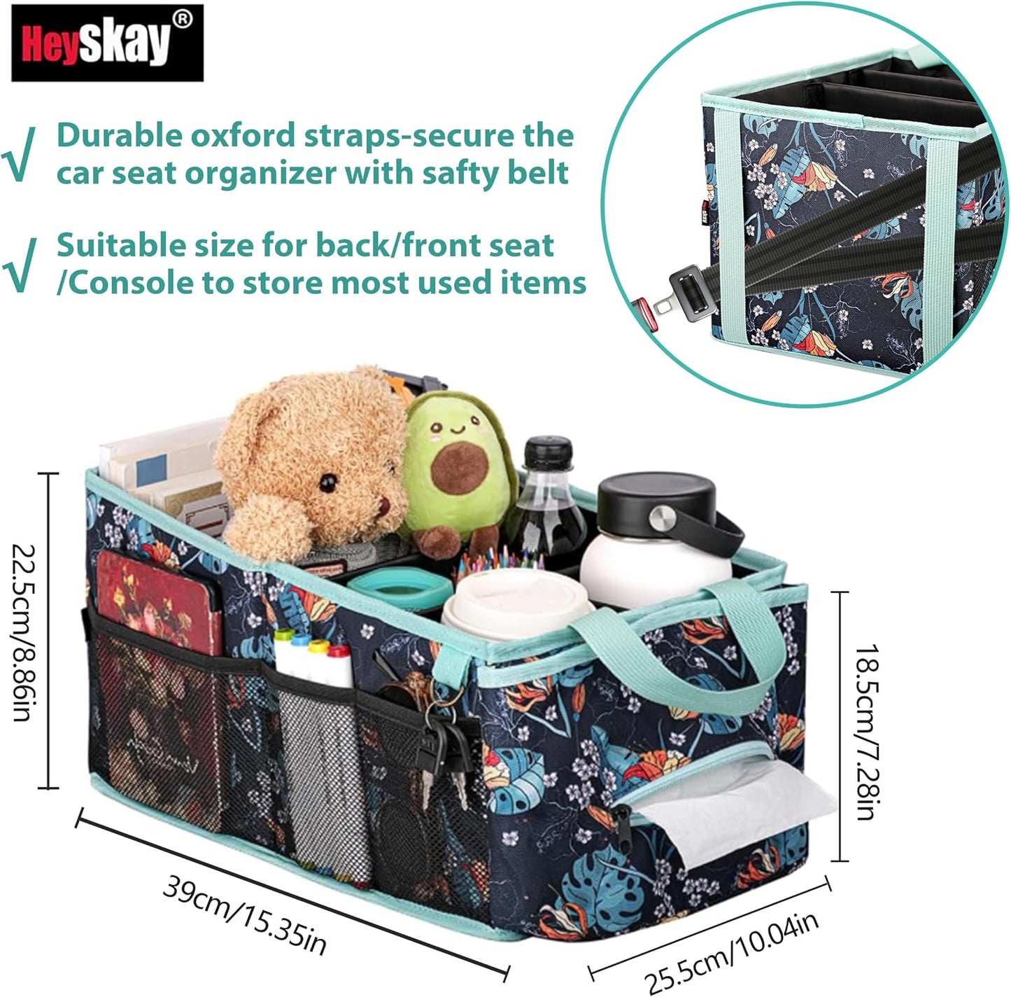 HEYSKAY Car Seat Organizer-Passenger Seat Organizer, Collapsible Small Car Seat Organizer for Console Front/Back, Car Caddy with 4pc Drink Holders Automotive Backseat Organizer for Kids