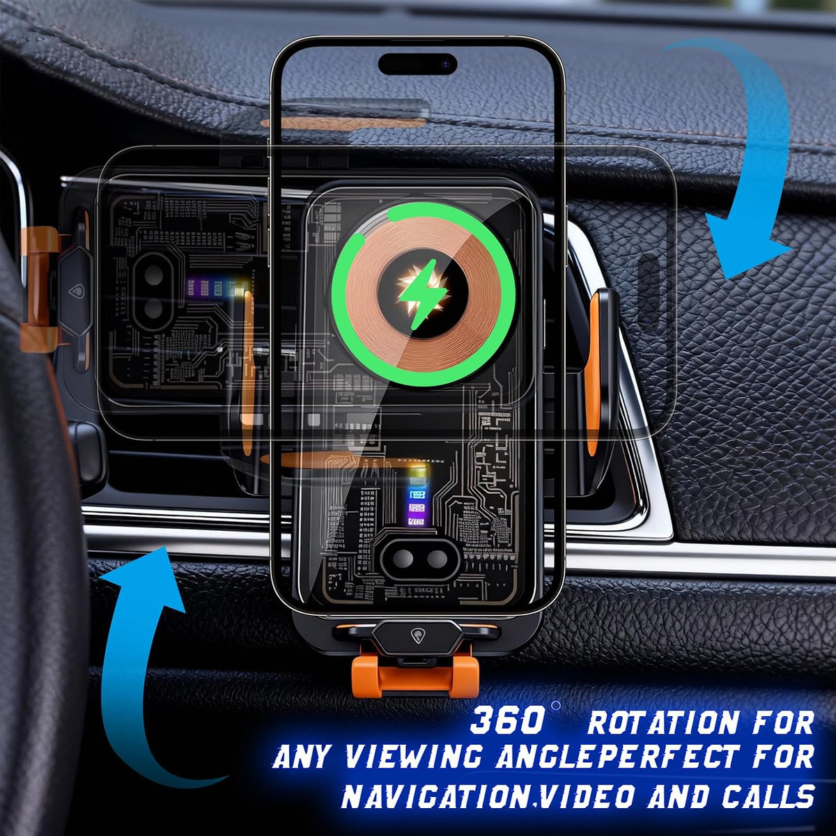 Fast Wireless Car Charger Wireless Charging Phone Mount for Car Magnetic Navigation Car Phone Holder Automatic Smart Sensor Clamping Rotating with Charger Station Fast Wireless Charger Max 120W(Black)