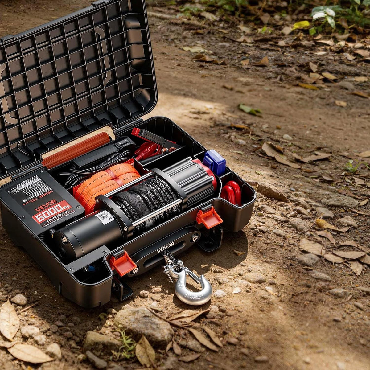 VEVOR Portable Winch, 6000 lbs 12V DC Electric Winch with Synthetic Rope, Wireless & Wired Remotes, Box-Style Recovery Kit with Fairlead, Clevis Hook, Strap for ATV UTV Off-Road Outdoor Pulling Tasks