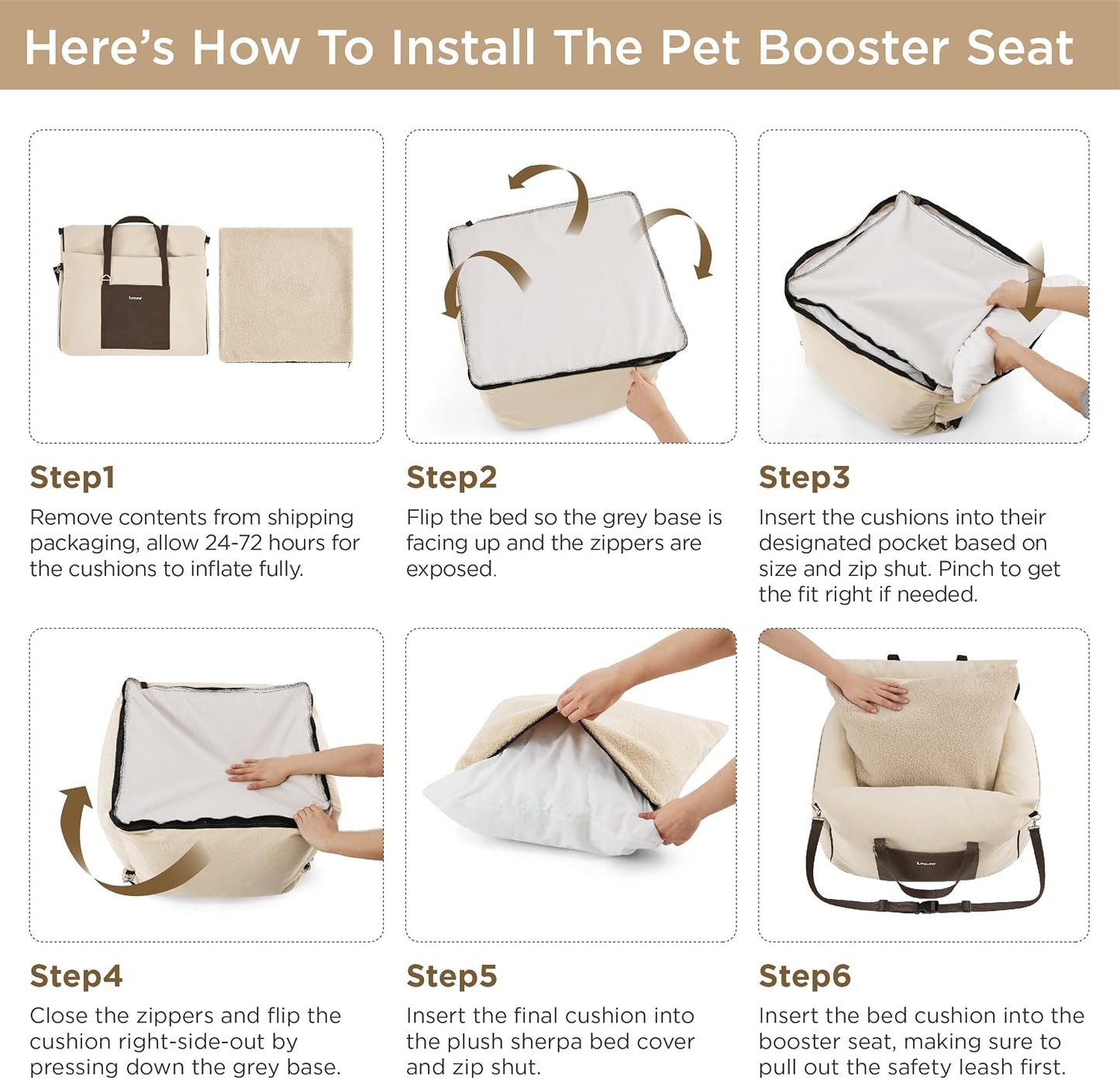 Lesure Small Dog Car Seat for Small Dogs - Dog Booster Seat for Car with Waterproof Bottom, Clip-On Safety Leash and Thickened Memory Foam Filling, Pet Carseat Puppy Travel Carrier Bed, Beige
