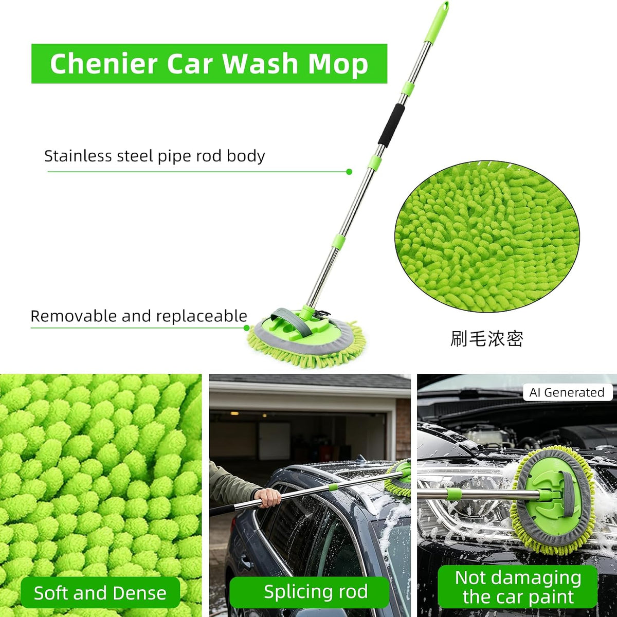 62" Car Wash Brush with Long Handle Chenille Microfiber Car Wash Mop Mitt, Wheel Brush, Windshield Window Squeegee, Car Duster Microfiber Towel, Gloves, for Cleaning Cars, RV, Truck, Boat