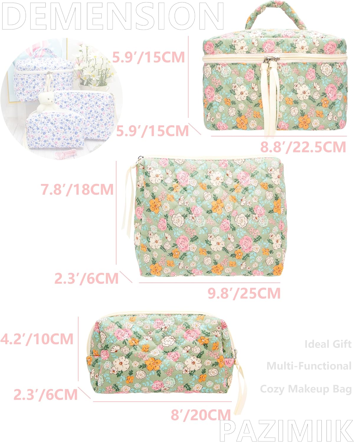 3 Piece Quilted Makeup Bag Set for Women,Cosmetic&Toiletry Bag,Green Flower