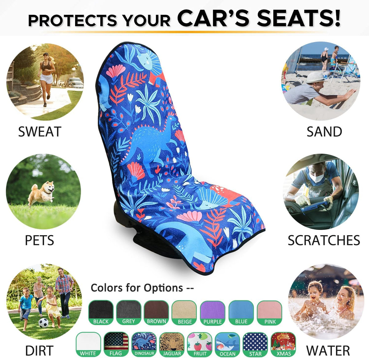 Waterproof Sweating Car Seat Cover for Post Gym Workout, Running, Swimming, Beach and Hiking, Universal Fit Non-Slip Bucket Seat Protector for Cars SUV Trucks, Machine Washable (Dinosaur)