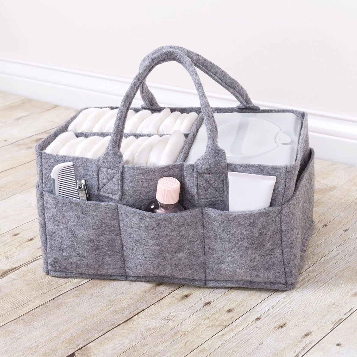 Sammy & Lou Collapsible Light Gray Felt Storage Caddy, Divided Design To Keep Diapers, Wipes And Changing Items Organized, Two Handles, 11.5"D x 6"W x 8"H