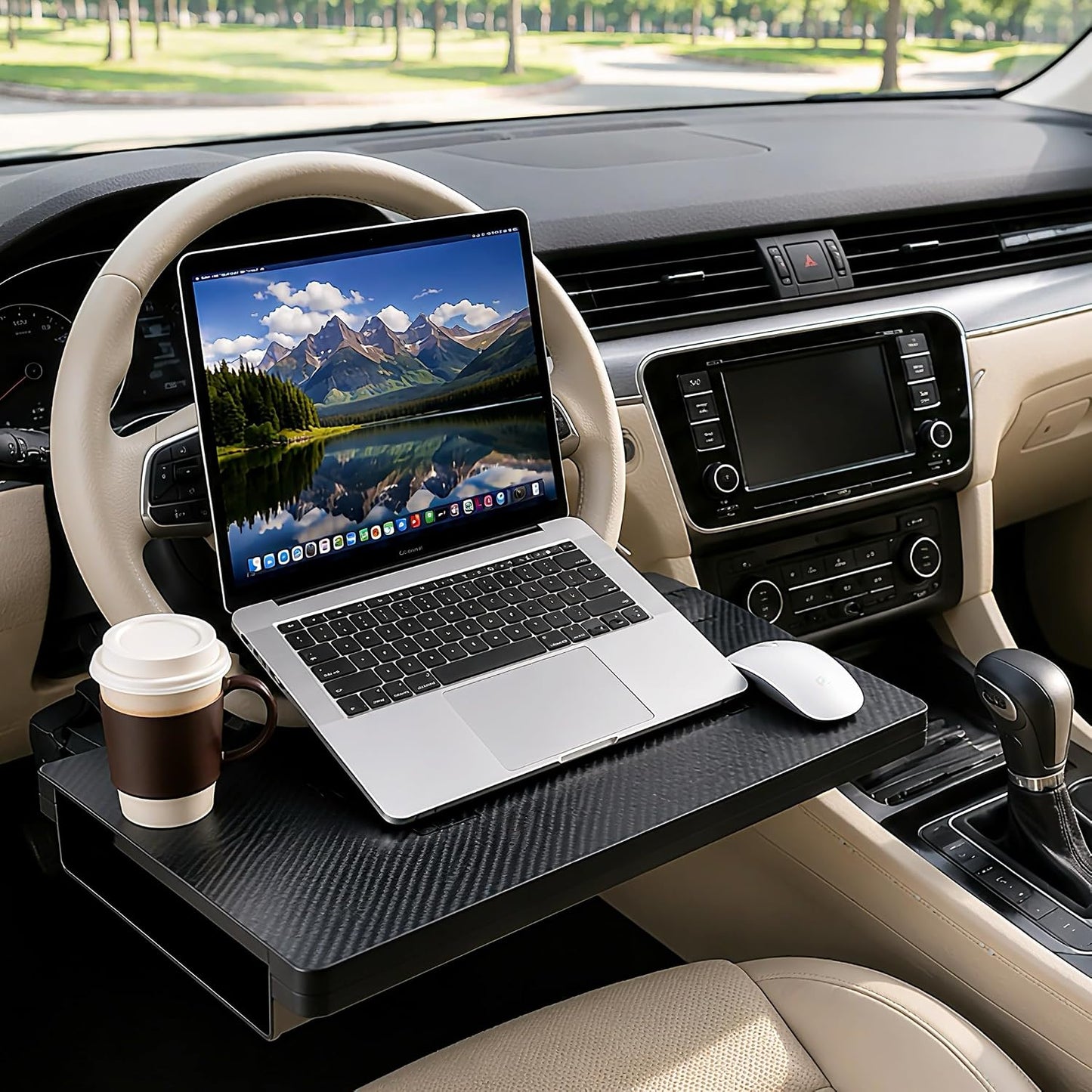 2-in-1 Steering Wheel Tray and Car Laptop Desk with Seat Gap Organizer | Carbon fiber look for working, eating or tablet use, fits standard round steering wheels,use only while safely parked