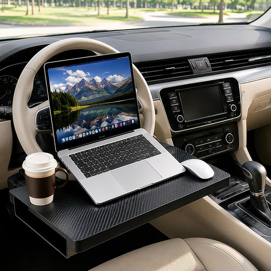 2-in-1 Steering Wheel Tray and Car Laptop Desk with Seat Gap Organizer | Carbon fiber look for working, eating or tablet use, fits standard round steering wheels,use only while safely parked
