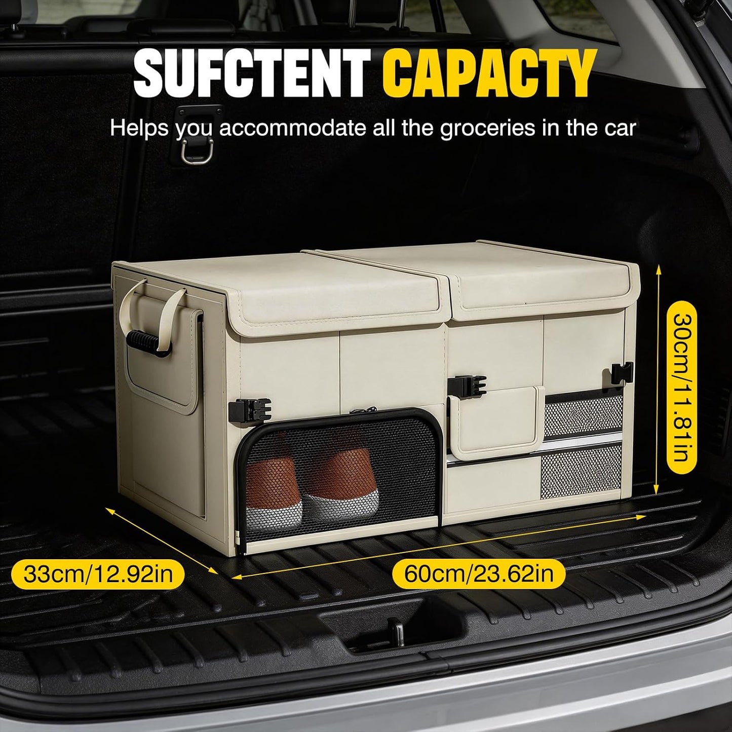 Foldable Car Trunk Organizer with Multi-Compartment – Expandable 30-60L Storage Bin, Side Mesh Pockets, Waterproof 600D Oxford Cloth, Car Accessories for SUV/Truck/Sedan, Beige, 23.6"x13.0"x11.8"