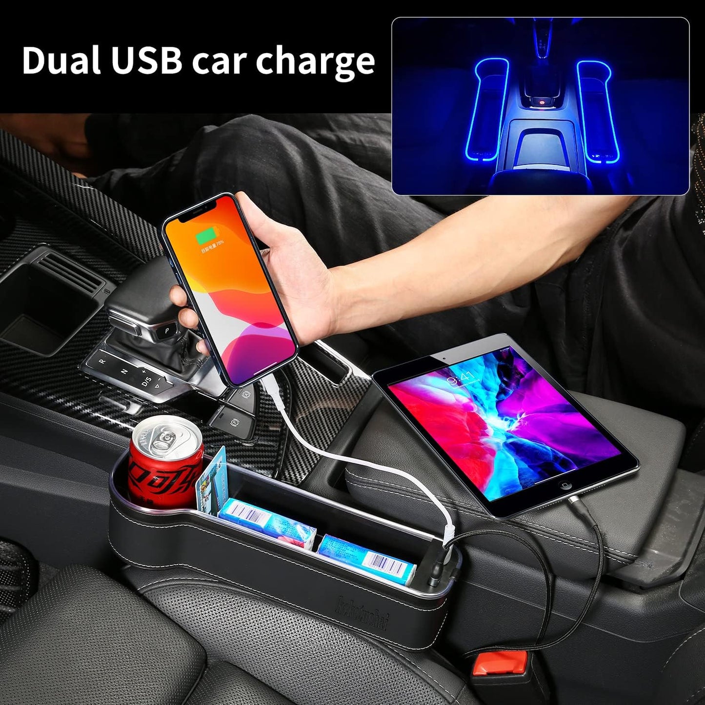7 Color Led Car Seat Gap Organizer with 56W Fast Charger Car Console Organizer with Cup Holder Front Seat Gap Filler with USB Between Seat Cup Holder fit for Android iPhone (Black)