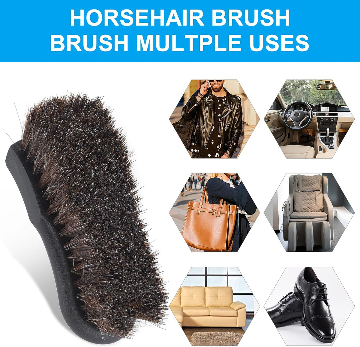 Upholstery Brush, Upholstery Brush Set, Leather Cleaning Brush, Carpet Brush Car Cleaning Brush, Long Bristle Horse Hair Car Cleaning Brush for Car Interior Leather Seat and Home Furniture