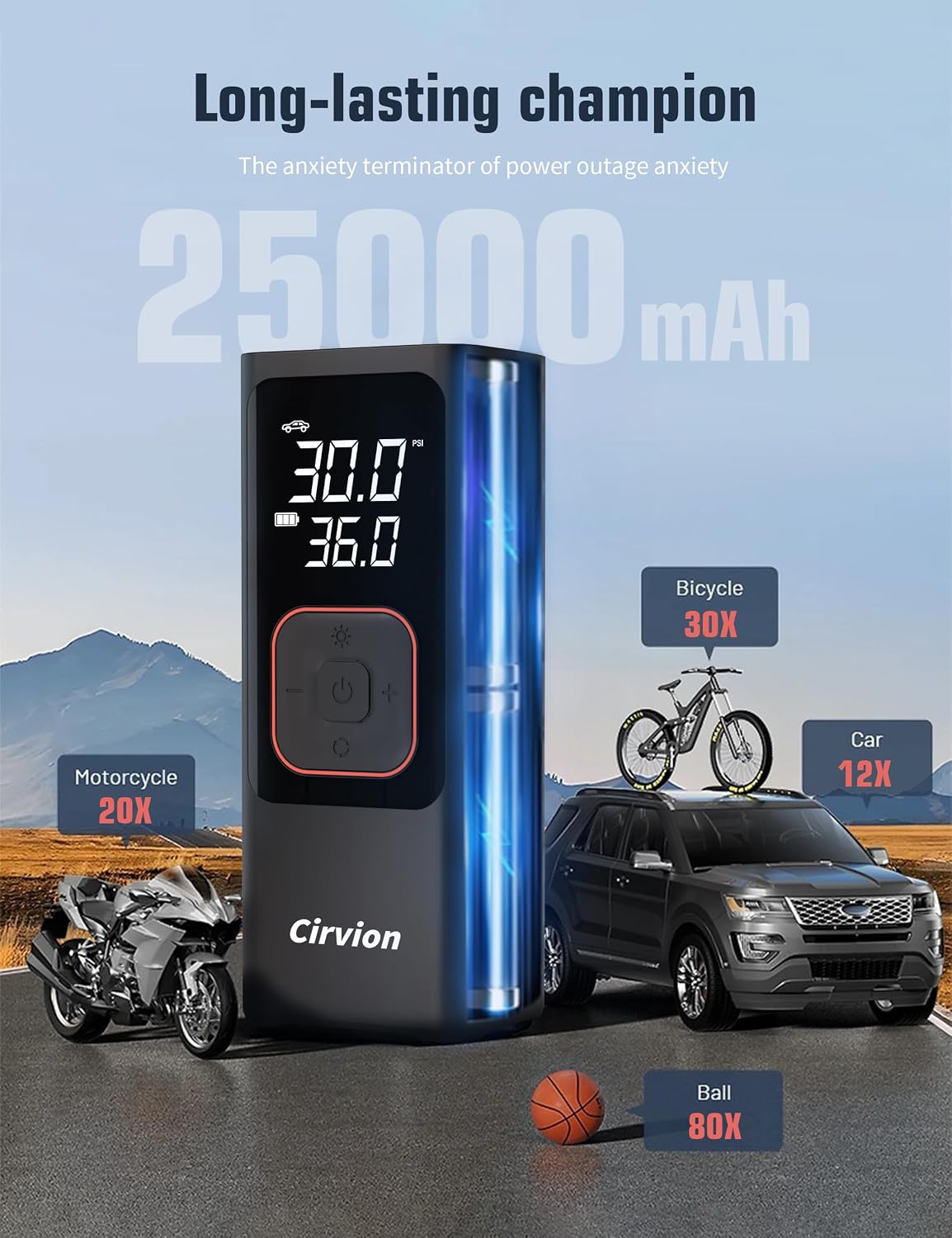 Tire Inflator Portable Air Compressor, 3X Faster 25000mAh 160 PSI Air Pump for Car Tires- Cordless, with Pressure Gauge, LED Light & Digital Display, for Car, Pickup, Truck, Motor, E-Bike and Bicycle