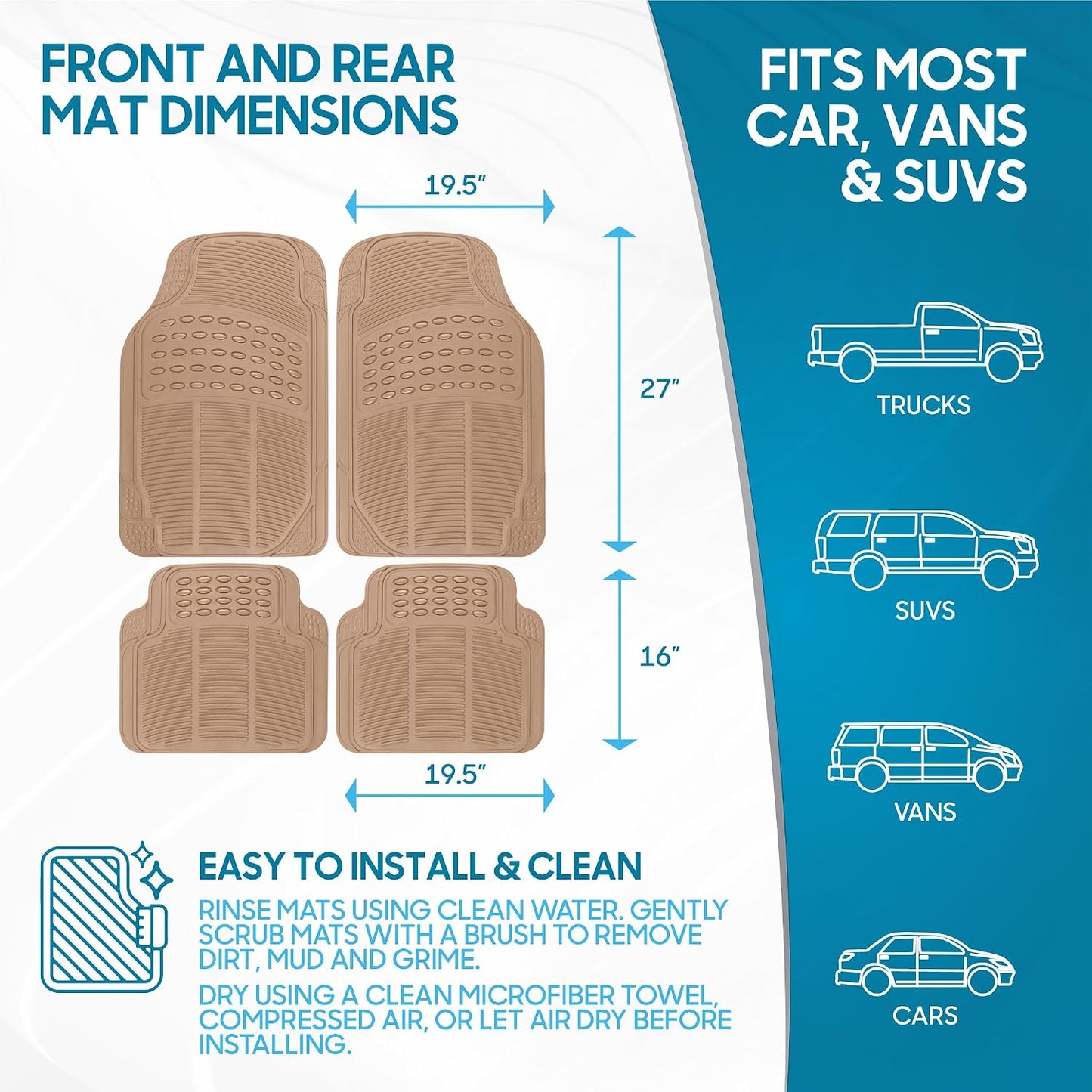 BDK ProLiner Floor Mats for Cars Trucks SUV, 4-Piece All-Weather Car Mats with Universal Fit Design, Durable Car Floor Mat with Capture Ridges, Waterproof Rubber Floor Mat for Cars (Beige)