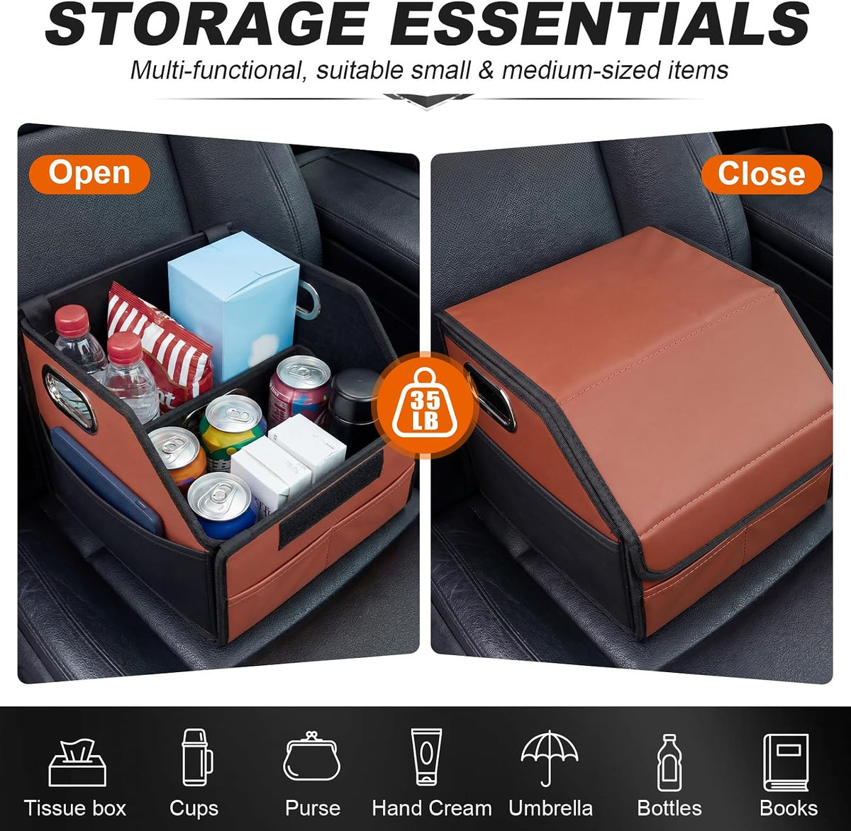 Car Storage Organizer with Box Lid, Leather Car Seat Organizer, Brown Black