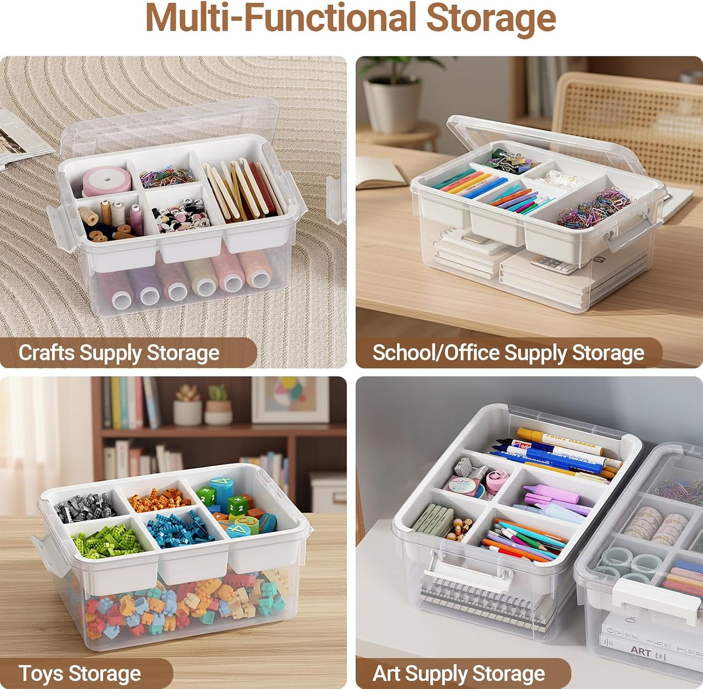 40Qt Stackable Storage Bins with Lids & Trays, Clear Plastic Latching Boxes Organizers with Dividers Portable 10Gal Containers for Arts & Crafts, Home and Car Trunk Organization, 2Pack
