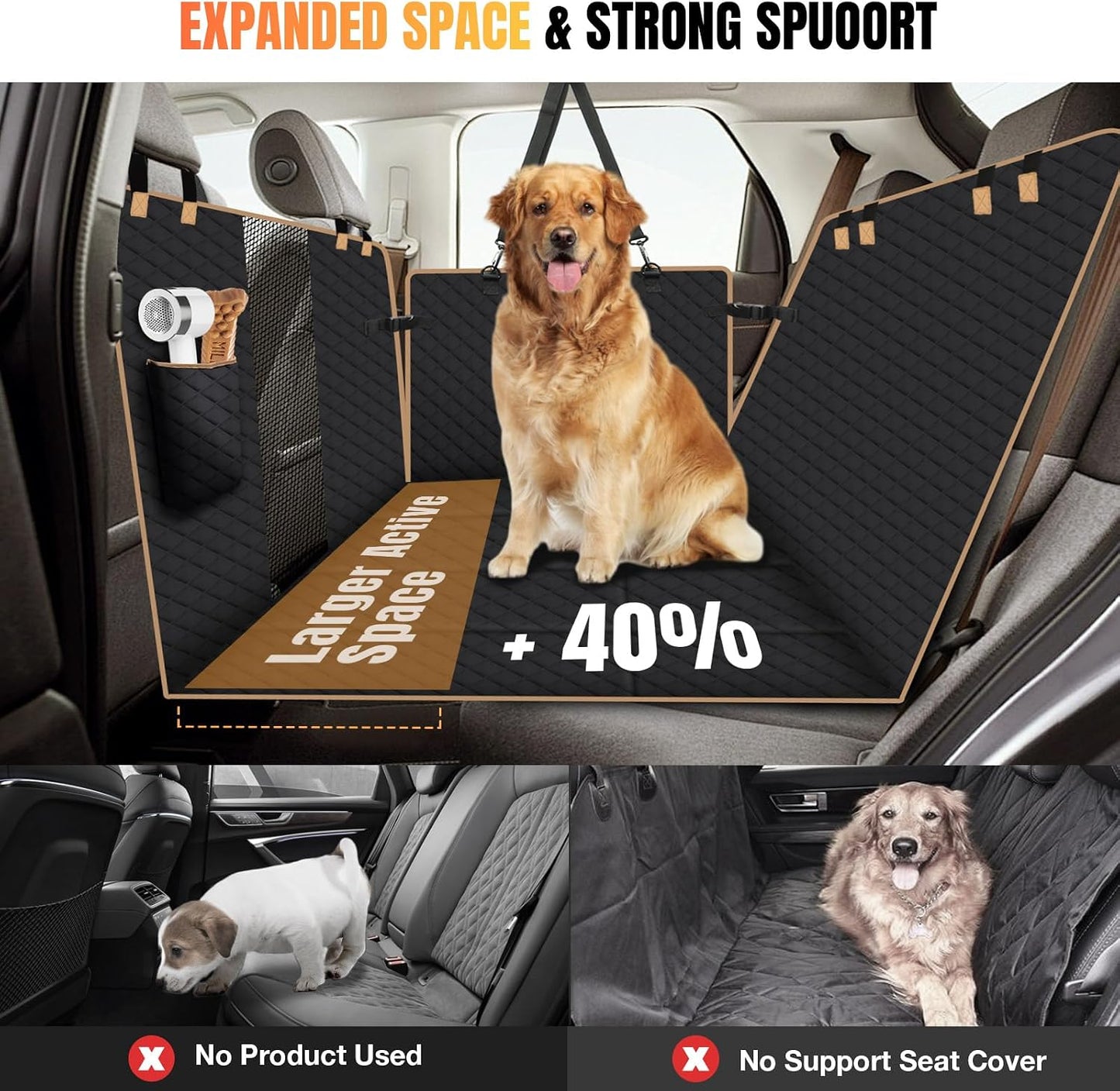Hard Bottom Dog Car Seat Cover for Back Seat, Holds 420lbs - Waterproof Sturdy Nonslip Hammock for Cars/Trucks/SUVs - Easy to Clean & Safe Backseat Extender for Large Dogs