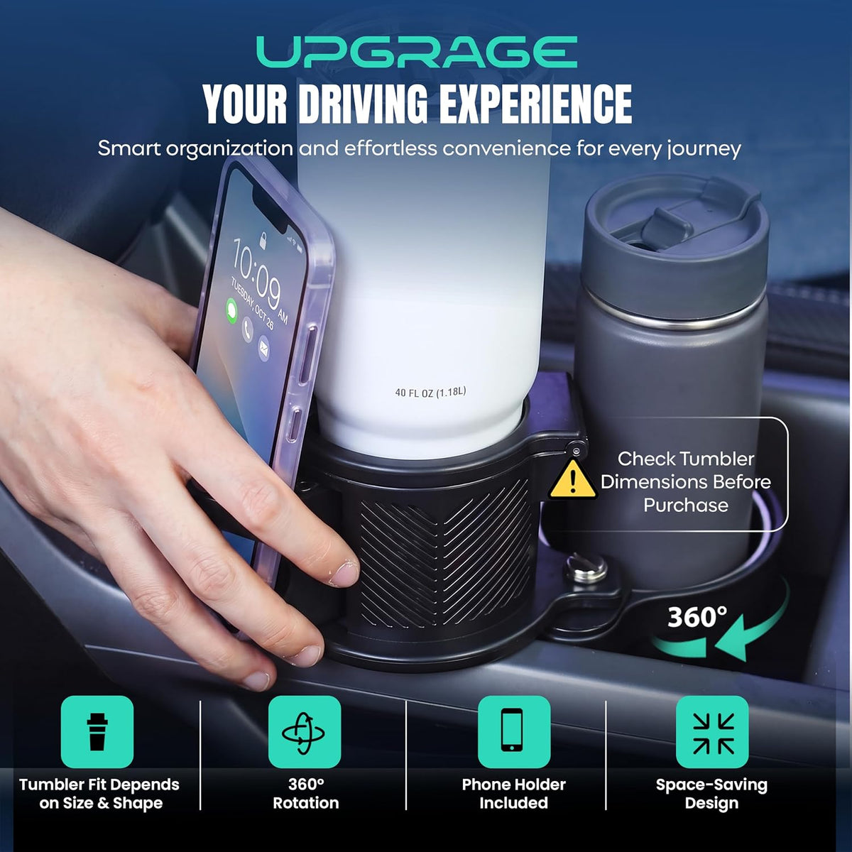 Car Cup Holder Extender with Adjustable Phone Holder, 360° Rotating Cup Holder Expander with Stainless Steel Liner, Fits Tumblers, Water Bottles, Coffee Cups & Soda Cans with Bases Under 78 mm.