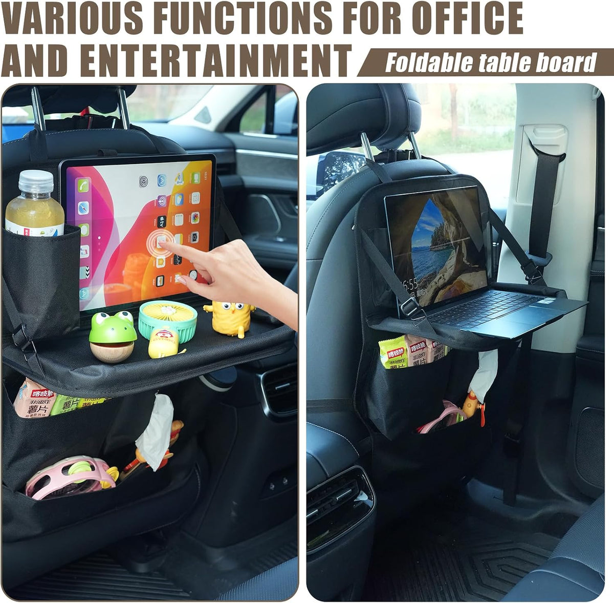 XDV Car Seat Organizers,Multi-functional Back Seat Protectors, Storage Pouches, Child kicking prevention and Tray Holders Kick Mats Back (for Cars, Kids,and Rear Seats) (Black, 2 Pack with Food Tray)