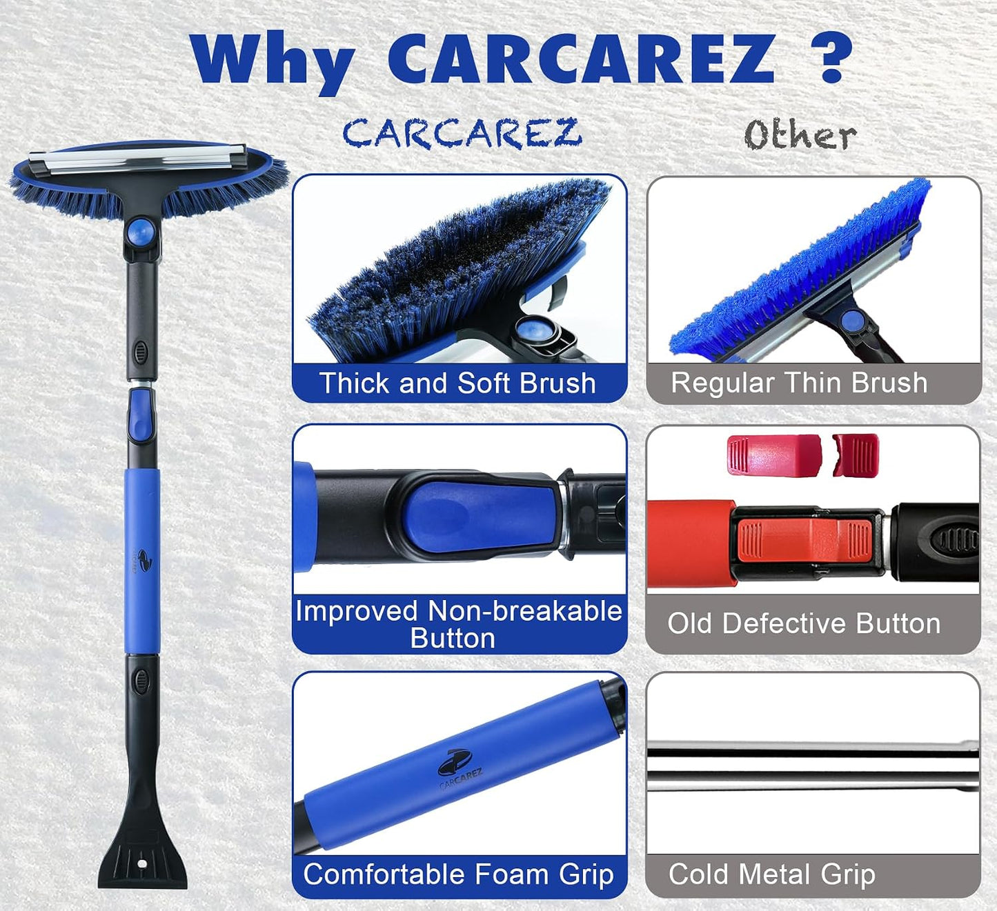 CARCAREZ 39" Extendable Car Snow Brush and Ice Scraper, Windshield Window Ice Snow Removal Snow Broom with Foam Grip 180° Pivoting Brush Head Snow Scraper for Car Auto Truck SUV