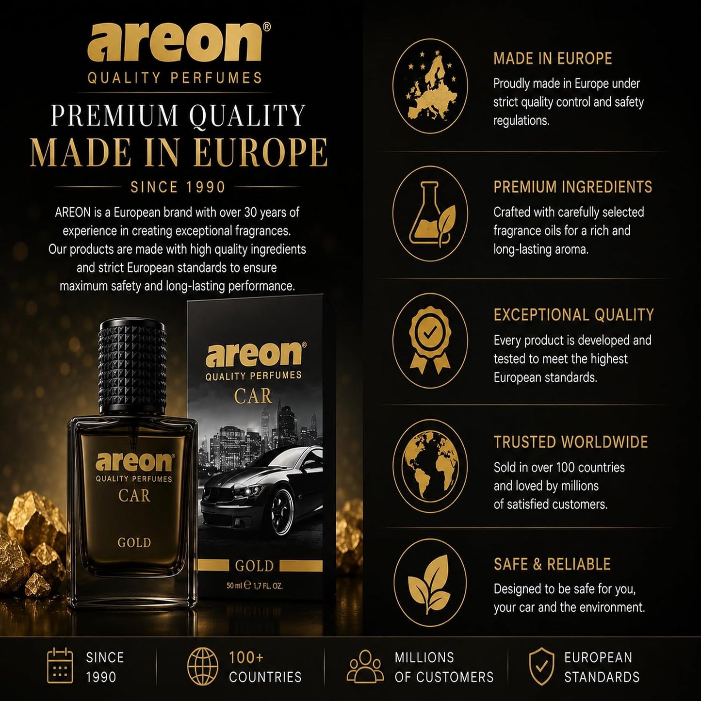 AREON Car Perfume Gold - Air Freshener in Glass Bottle - Luxury Odor Eliminator Spray with Absorber Hanging Pad - Unique Fragrance & Long-Lasting Aroma for Vehicle, Office, Home - Made in Europe, 50ml