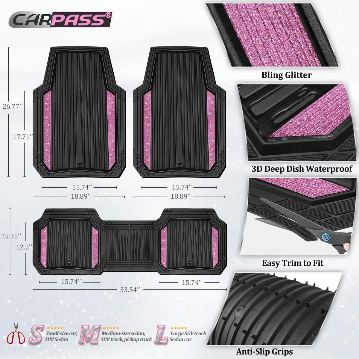 CAR PASS Bling Glitter Car Floor Mats Heavy Rubber Water Proof, Black Pink
