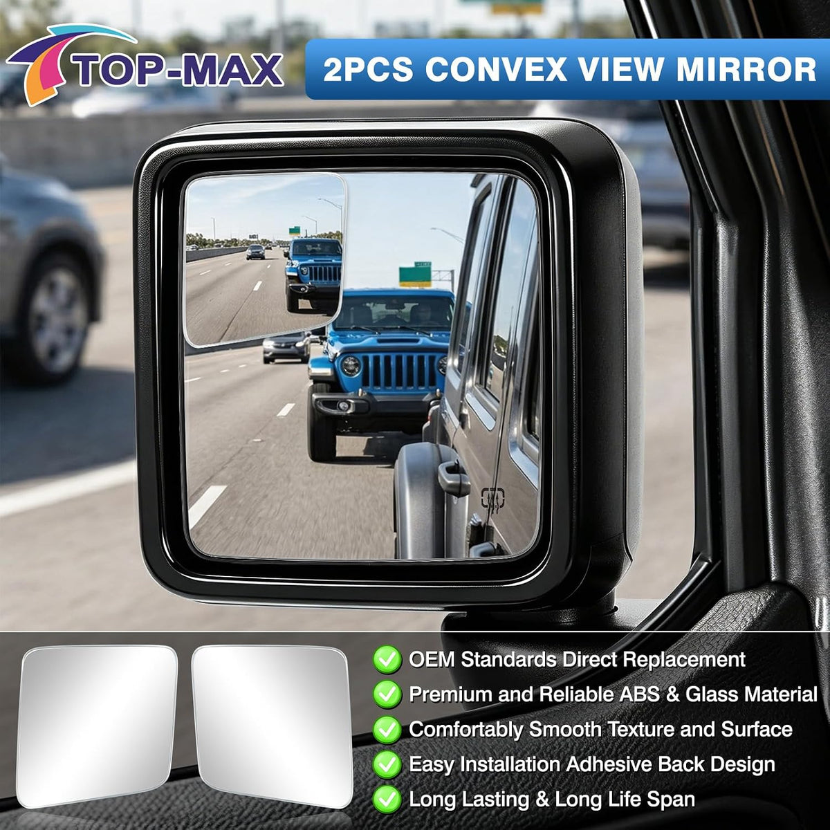 TOP-MAX Convex Stick On Blind Spot Mirrors for Jeep Wrangler 2018-2024 & Gladiator 2020-2023, Custom Fitted Wide-Angle Side Mirrors, HD Glass Design for Enhanced Visibility (Left & Right)