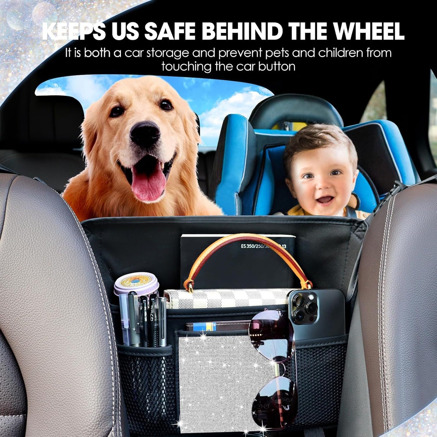 White Diamand Car Handbag Holder Between Seats Bling Crystal Car Storage Bag Large Capacity Purse Phone Ipad Automotive Consoles Organizer Safe Barrier of Backseat Pet Kids
