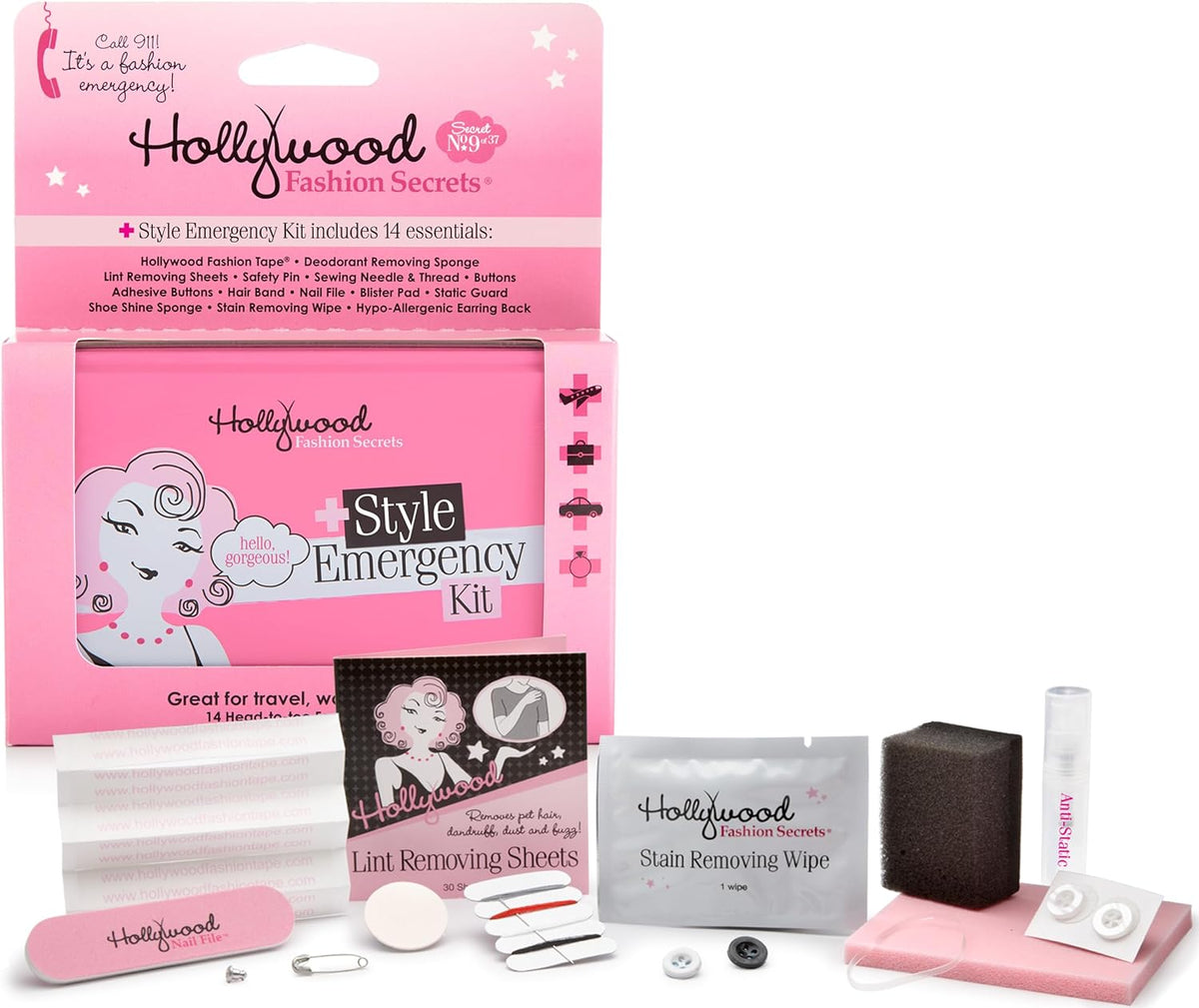 Hollywood Fashion Secrets Style Emergency Kit – Your Compact, On-the-Go Wardrobe Savior with Fashion Tape, Lint Sheets, Stain Remover &amp; Deodorant Sponge, 14 Piece Set