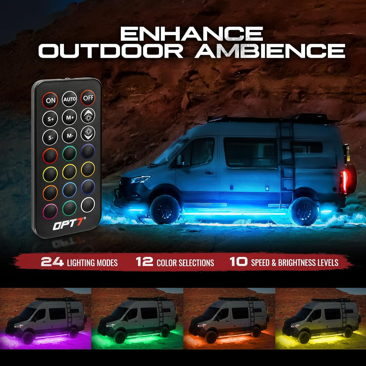 OPT7 Aura RGB Aluminum RV LED Underglow Lights with Remote Control, 12V | Waterproof Rigid Light Bars, Multicolor Motorhome Lighting, Camper Exterior Accent Ground Lights, Outdoor Decor Accessories