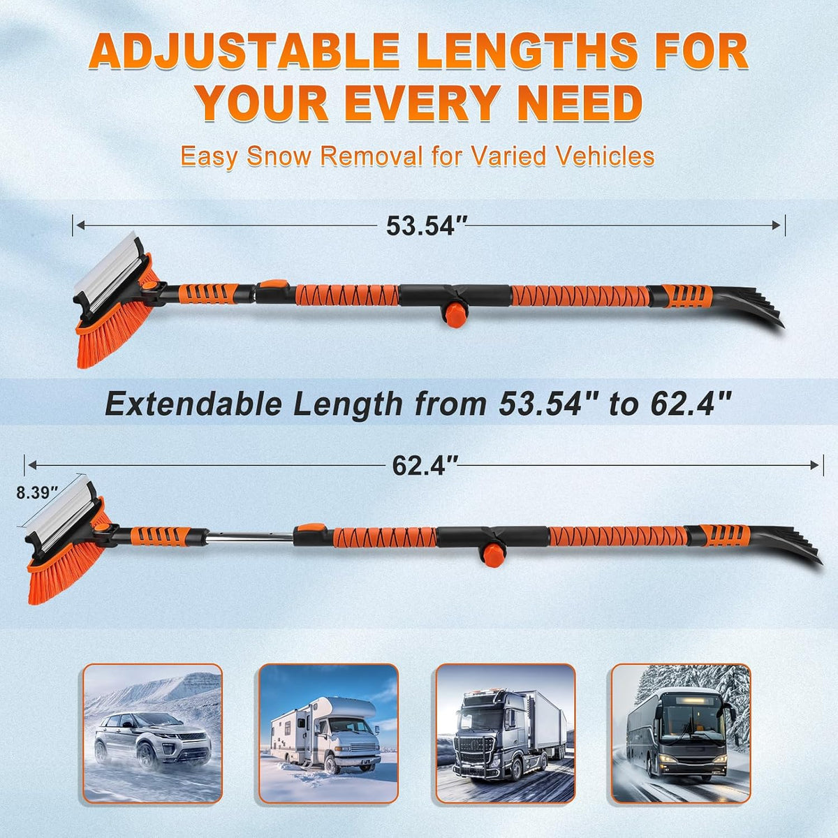 62.4" Foldable Snow Brush and Ice Scrapers for Car Windshield, Adjustable & Extendable Ice Removal Tool with Non-Slip Foam Grip, 180° Pivoting Snow Brush for Car, SUV, Truck
