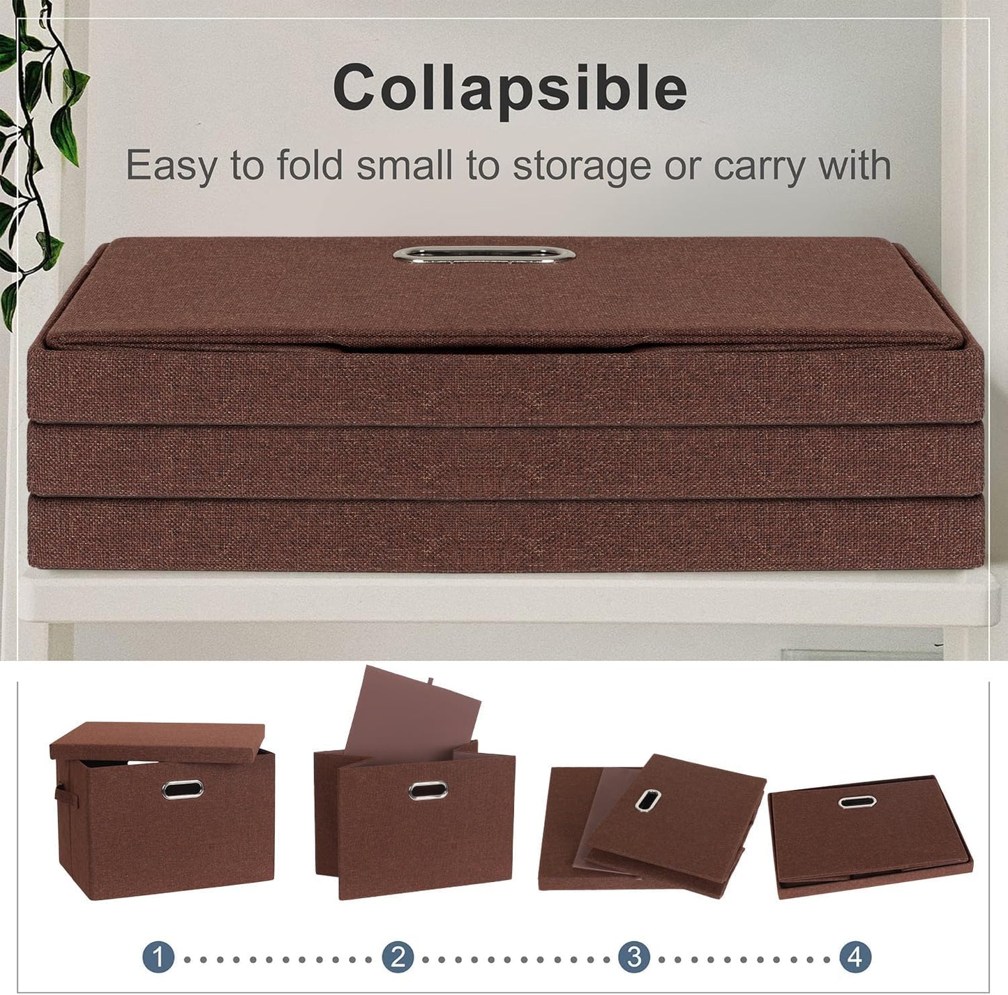 Graciadeco Large 17" 36 Quart Collapsible Stackable Storage Bins with Lids, 3 Packs Dark red Foldable Fabric Closet Storage Boxes with Lids, Heavy-duty Linen Cube Baskets(17x12x11)