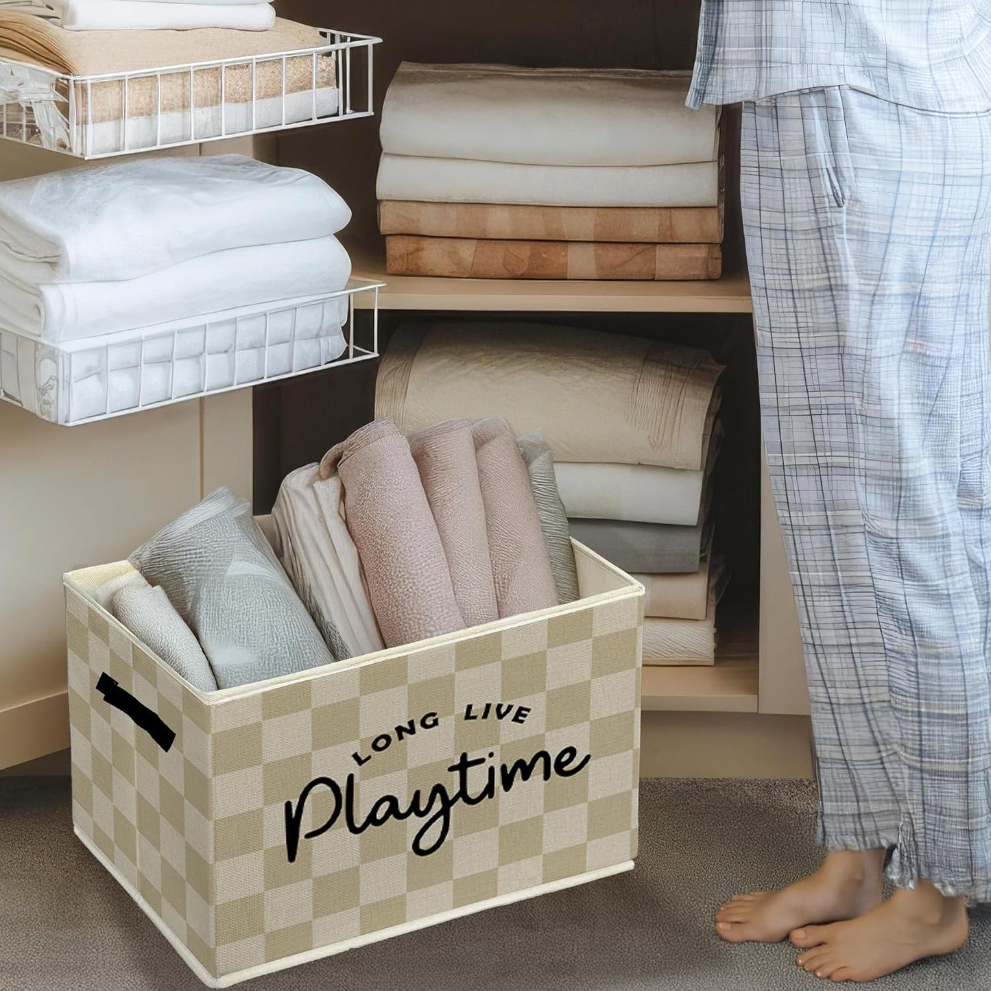 Kids Playroom Storage Bins & Boxes with Handles, Long Live Playtime Foldable Basket for Organizing, Neutral Checkered Collapsible Storage Basket for Bedroom Bathroom Playroom Clothes Toys Books