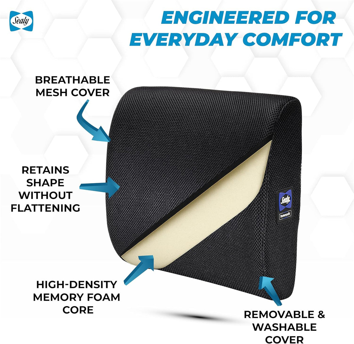 Sealy Lumbar Support Pillow for Office Chair and Car Seat - Lower Back Pain Relief, Memory Foam Lumbar Pillow & Back Brace Support Posture Corrector