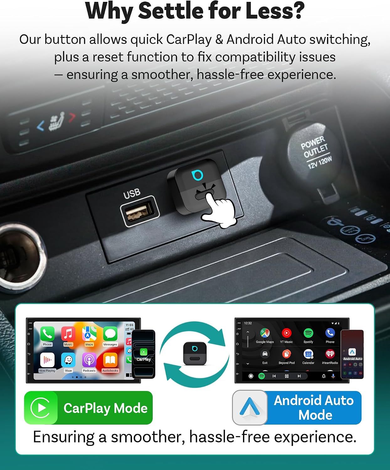 OTTOCAST Mini Pico Wireless CarPlay Adapter, No More Cables, Dual Phone Memory, One-Button Switch, Wi-Fi 6 &amp; Bluetooth 5.4