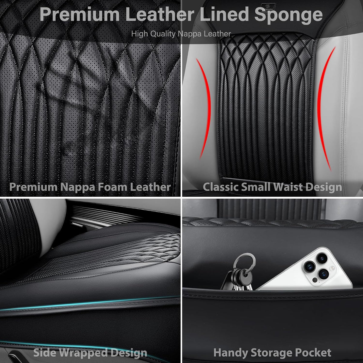 CAR PASS Car Seat Protector, Sideless Seat Covers for Cars, All Season Waterproof Nappa Leather Breathable Front Seats Cushion with Storage Pocket Universal Fit Vehicle Car SUV Truck, 2 Pack All Black