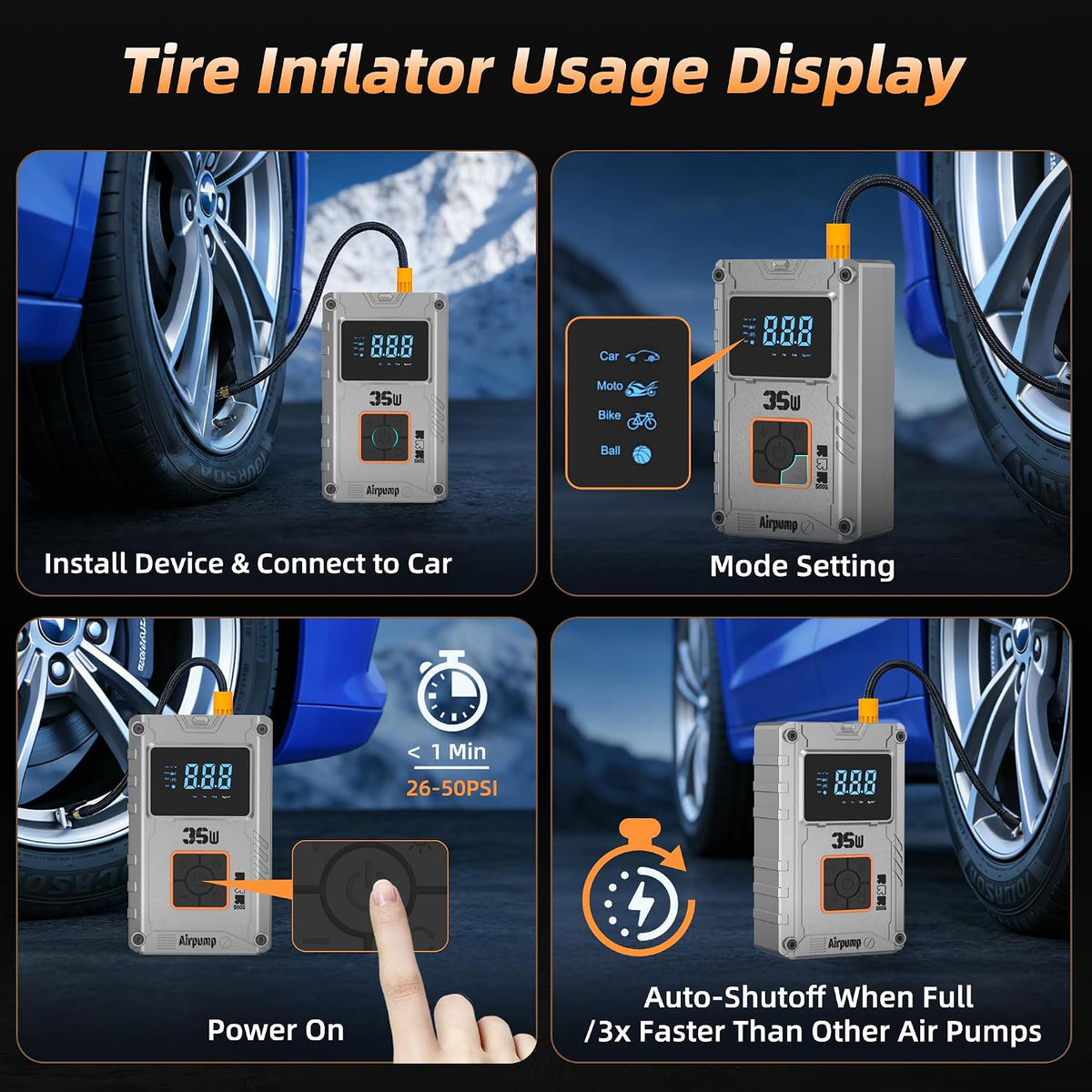Portable Air Compressor Tire Inflator, 150 PSI Car Tire Air Pump, 6000mAh Digital Display Cordless Tire Inflator for Car Tires, Portable Tire Inflator for Motorcycles, Bikes, Car Accessories