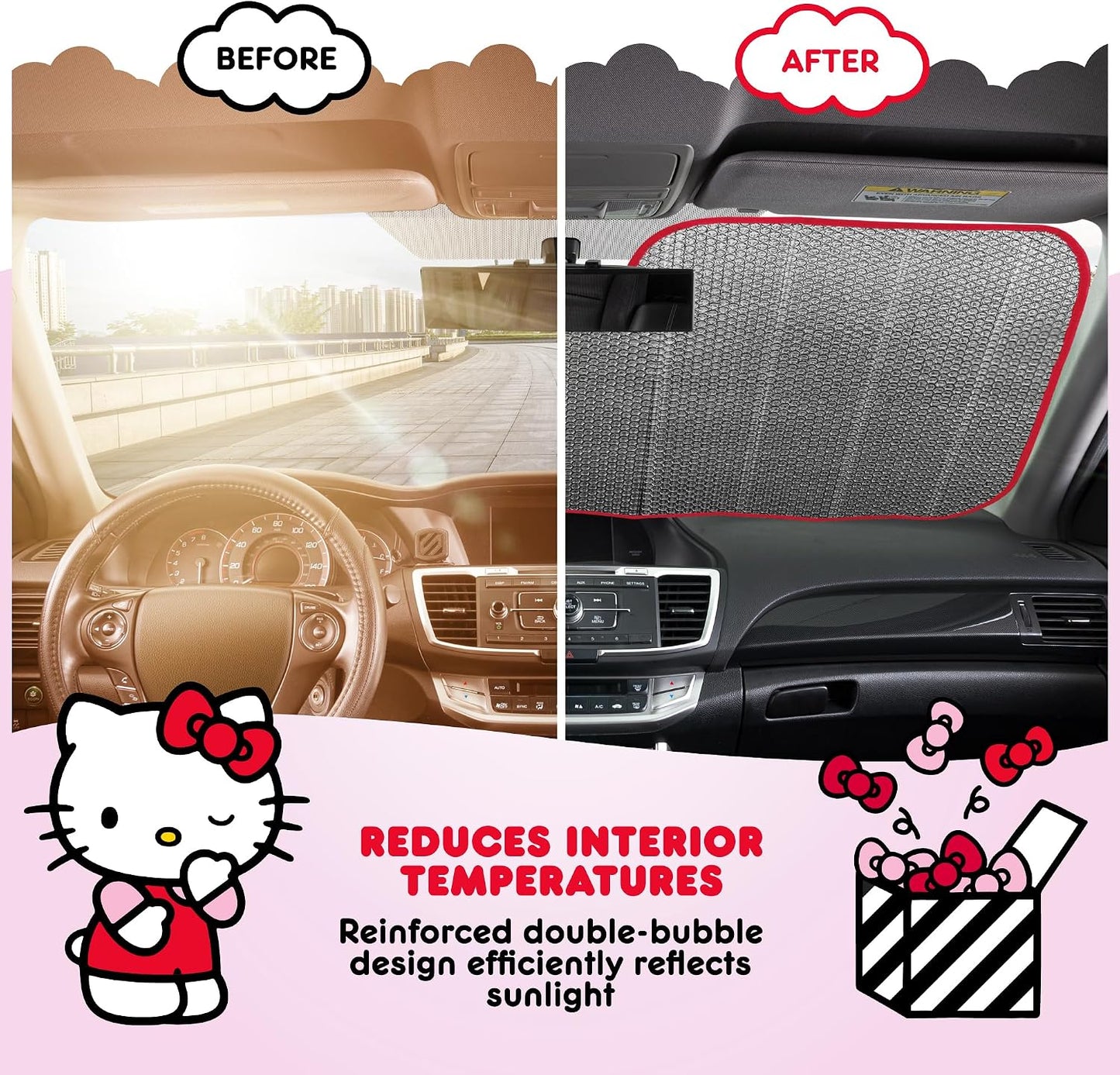Carbella Hello Kitty Car Windshield Sun Shade, Official Sanrio Sun Shade for Car Window, Cute Sun Shade for Front Windshield, Hello Kitty Accessories for Women ﻿(Red Bow Dreams)