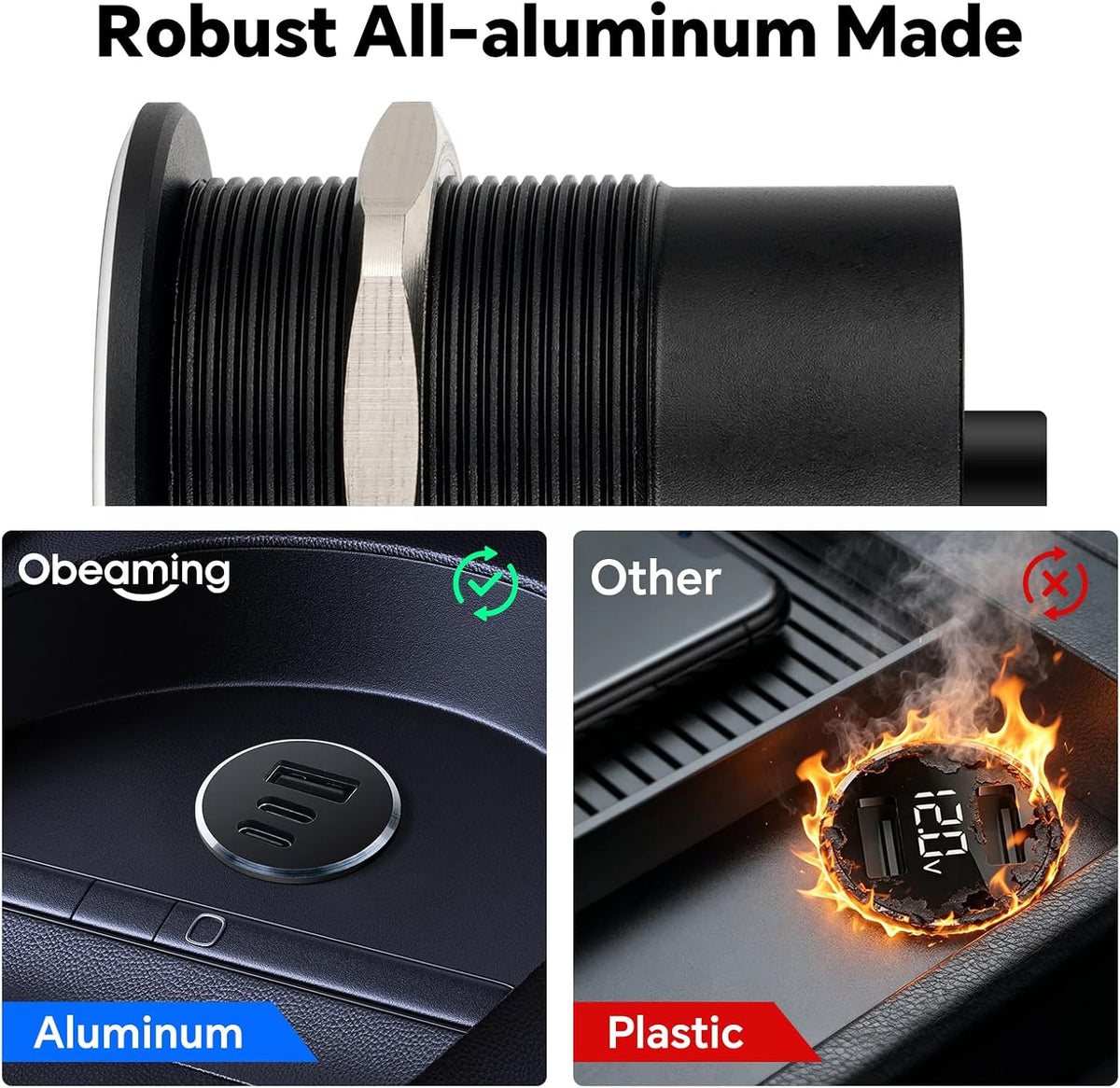 78W 12V USB Outlet with Silver Ring, Aluminum Car USB C Socket