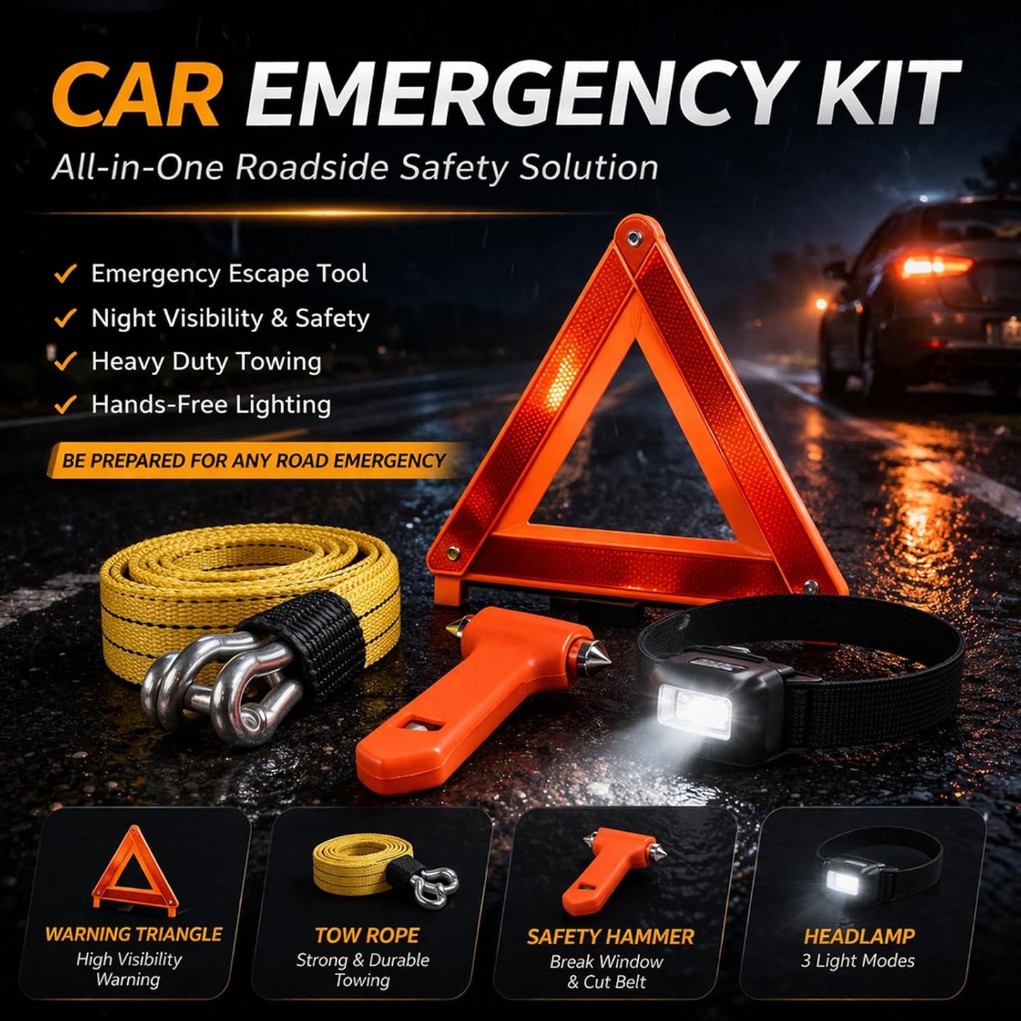 Car Roadside Emergency Kit, with Jumper Cables Automotive Kit,Car Safety Roadside Assistance Kit Headlamp,Tow Straps, Safety Hammers, Rainwear, Gloves.Black