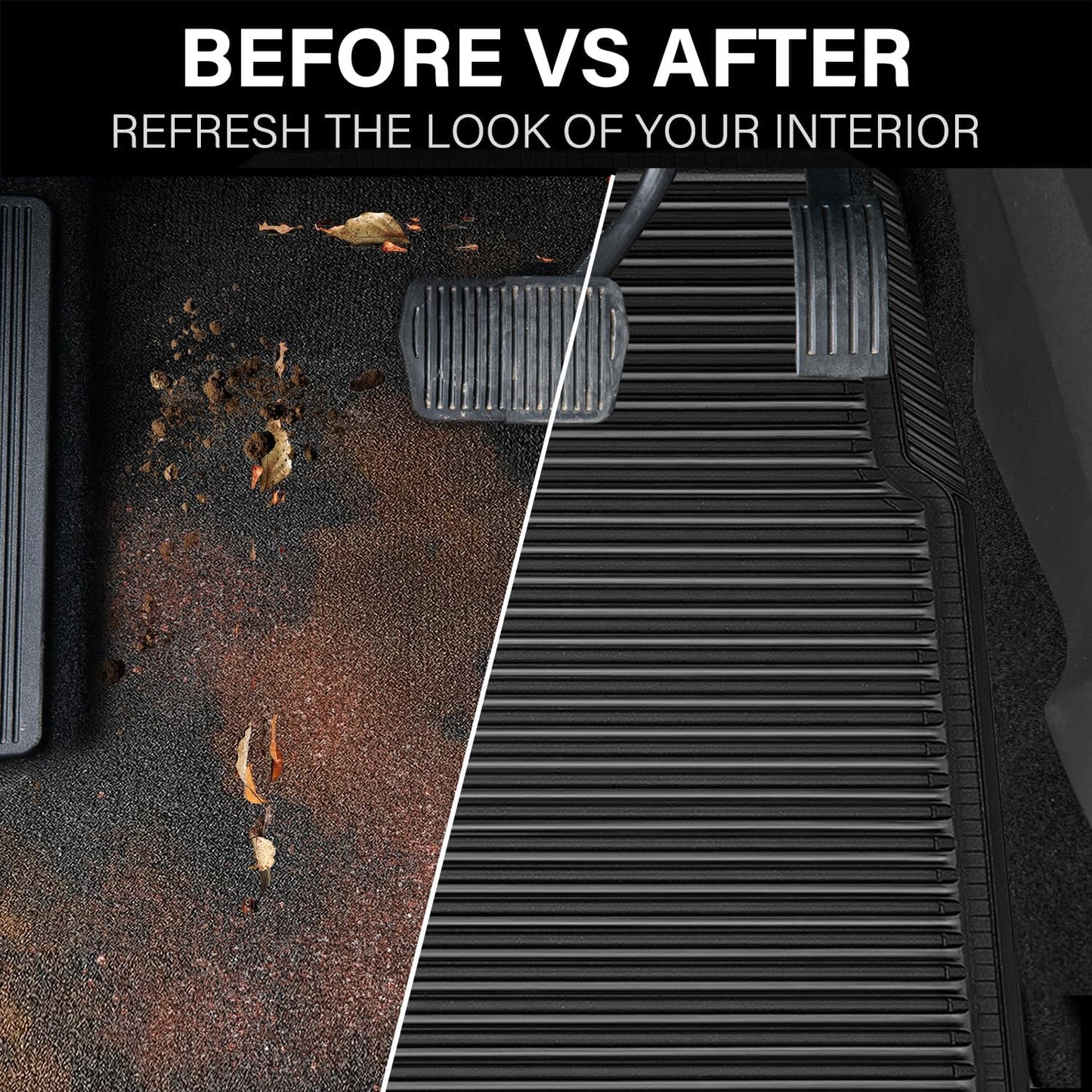 CAR PASS Rubber Floor Mats, All Weather Full Set 4-Piece, Waterproof Automotive Mats Trim to Fit Most Cars Sedans SUVs Vans, Heavy Duty Anti-Slip Easy Clean, All Black