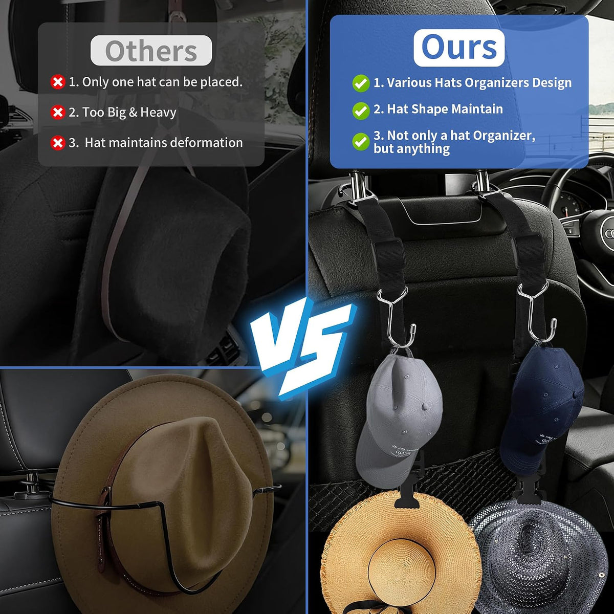 Purse Hook for Car, Adjustable Headrest Hooks & Hat Clip (4 Pack)