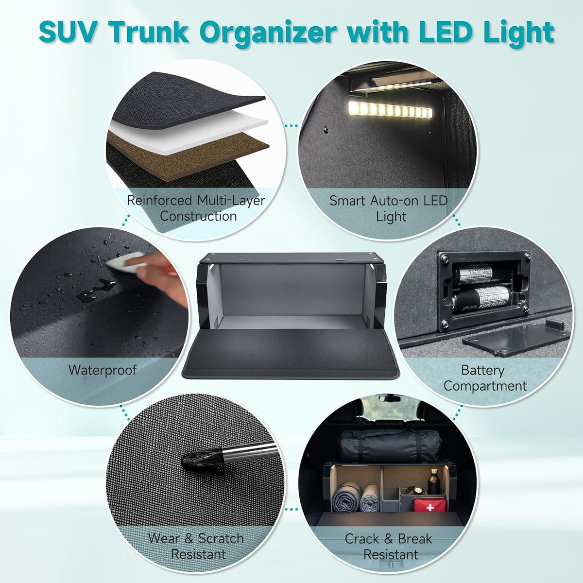 Car Trunk Organizers with LED Light, SUV Trunk Storage Box with Light