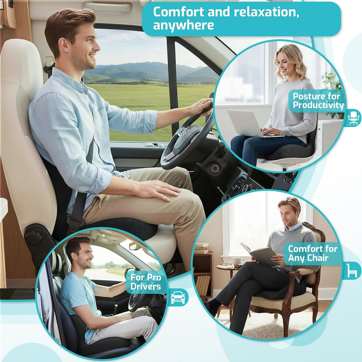 Trucker Seat Cushion, 3" Thick Car Seat Cushions with Lumbar Support Pillow