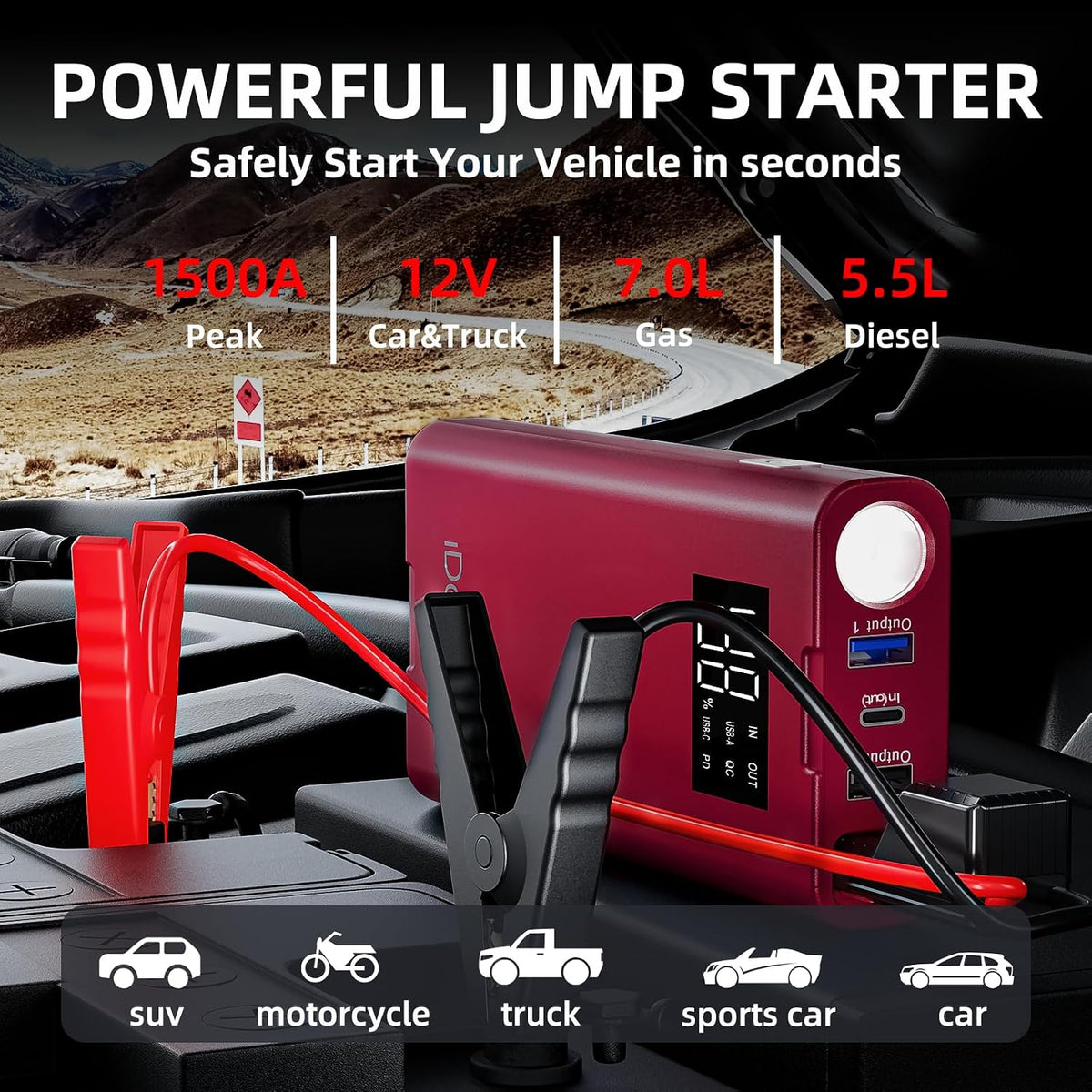 IDEAPLAY Jump Starter, 1500A Car Battery Jump Starter Portable for Up to 7.0L Gas and 5.5L Diesel Engine,Type C Fast Charging Battery Jumper with LED Flashlight