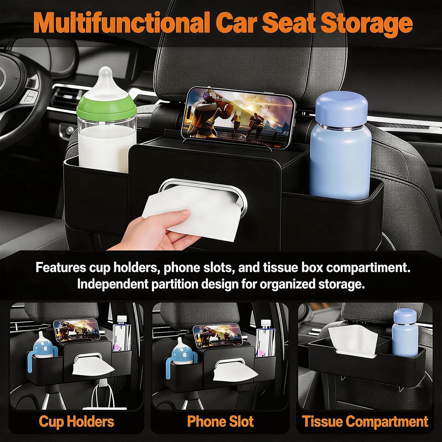 Car Organizer and Storage Box, Multifunctional Car Organizer Back Seat, Large Capacity Car Organizers and Storage Box for Phone, Drinks, Handbag, Travel Use, Compatible with Most Vehicles (Black)
