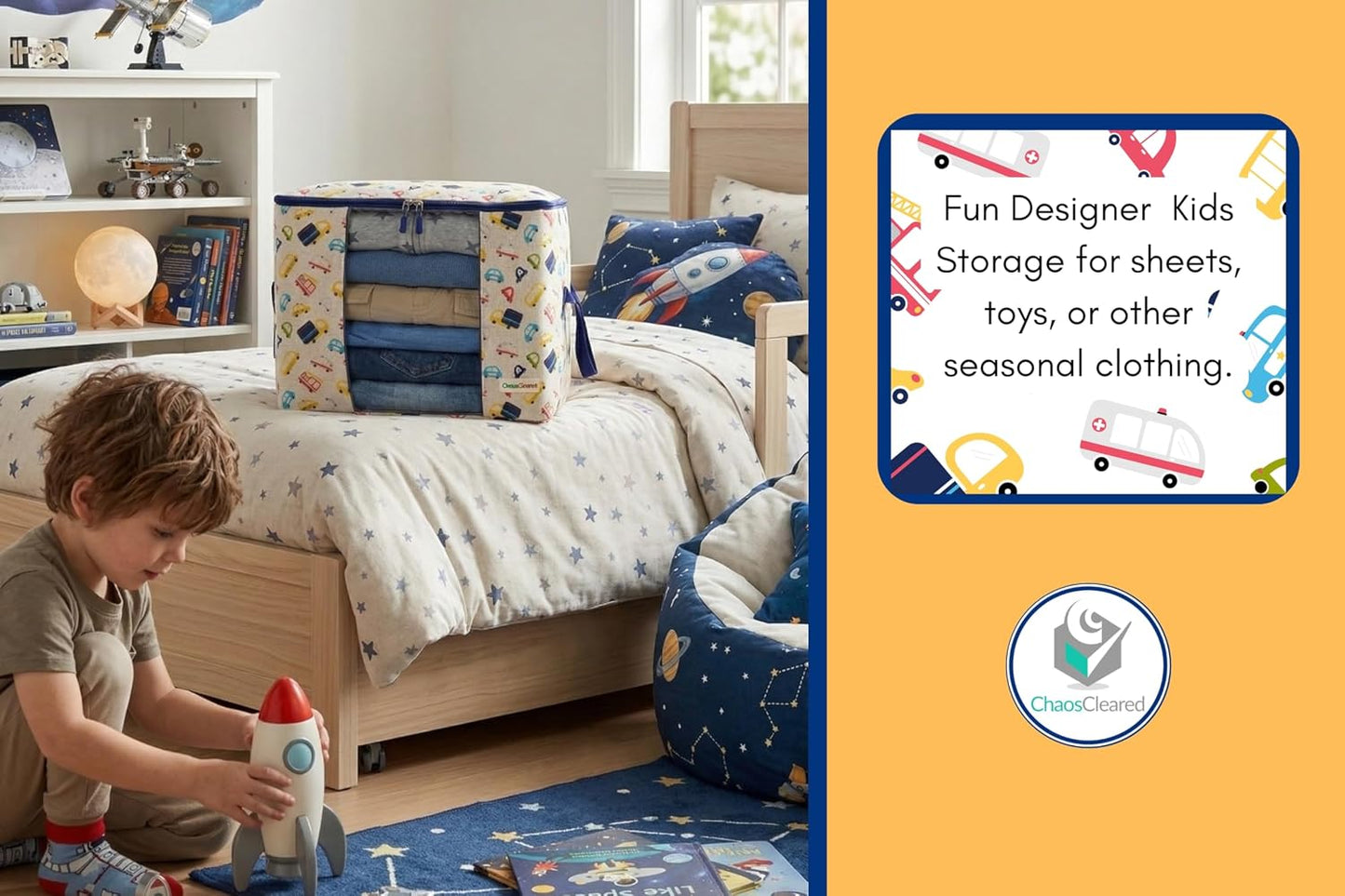 Chaos Cleared Kids Storage Bags – 100% Cotton Canvas Toy & Clothes Organizer with Cute Design – Storage Bin for Stuffed Animals, Baby Items & Clothes with Zipper & Handles (Cars Boy Print)