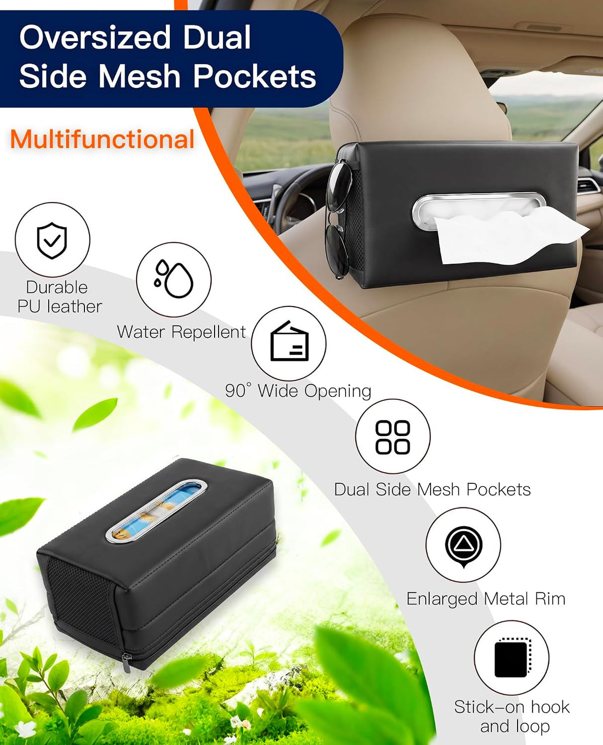 Large Car Tissue Holder PU Leather Organizer with 2 Mesh Pockets