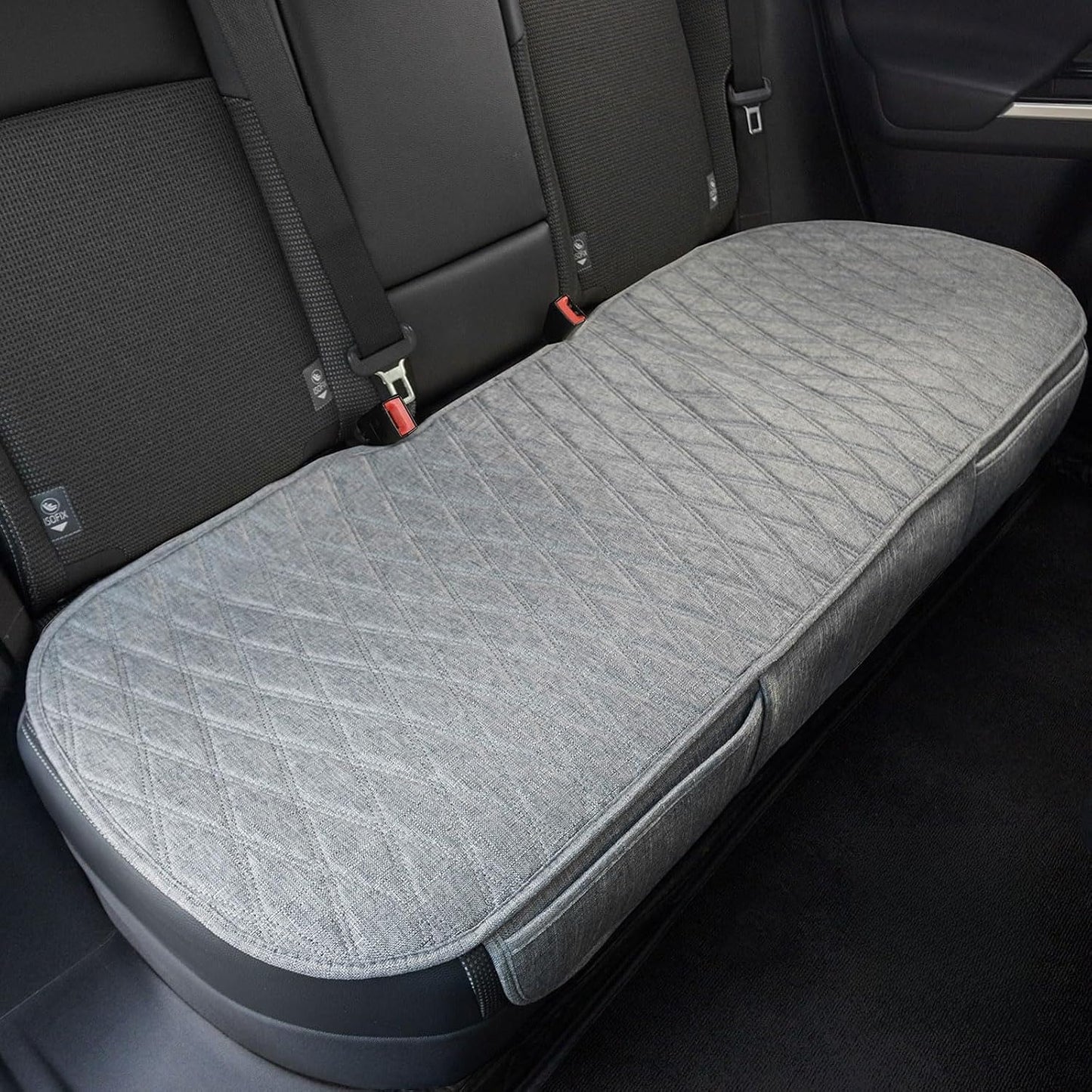 Universal Grey Anti-Slip Rear Car Seat Cover Size M - Faux Linen Bottom Bench Seat Cushion Fits Most of Vehicles Cars Truck SUV Van - Automotive Long Back Seats Protectors with Storage Pocket