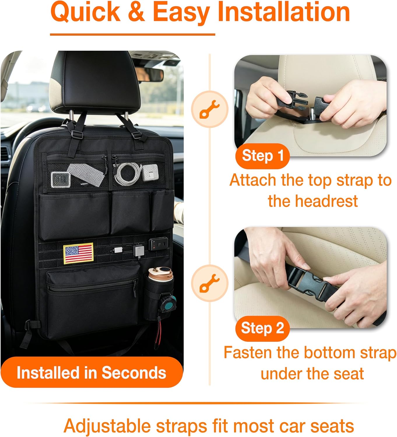 Tactical Car Seat Back Organizer with 7 Pockets and Zipper Pocket, MOLLE Seat Organizer with Hook & Loop Panel, Universal Fit for Car SUV Truck Jeep