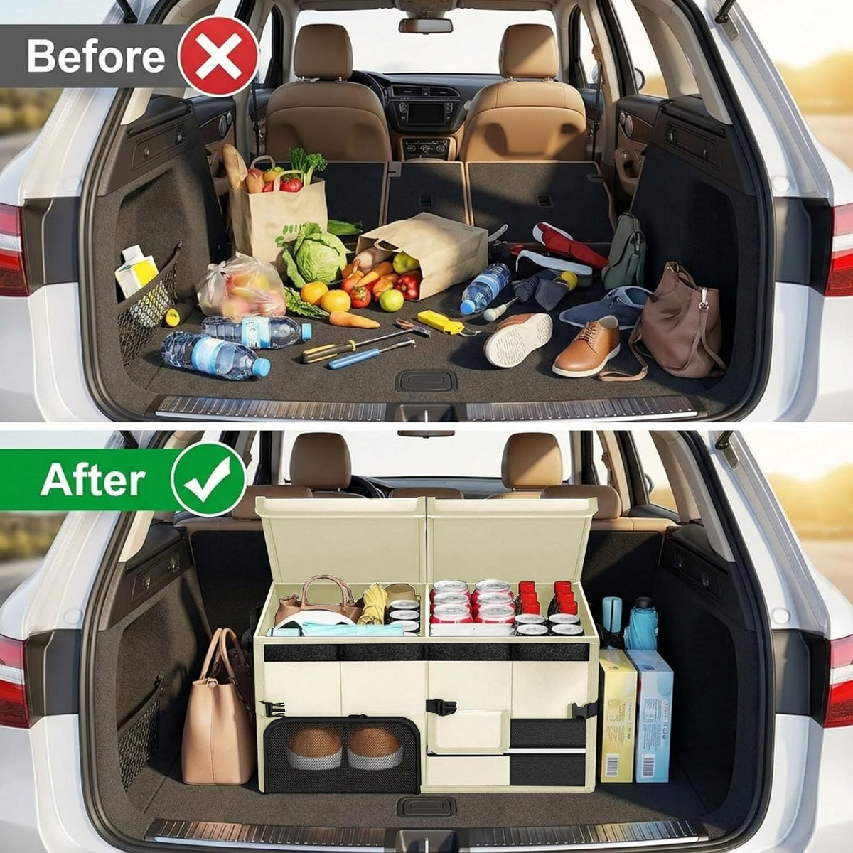 Foldable Trunk Organizer for Car, Expandable Storage Bin with Compartments