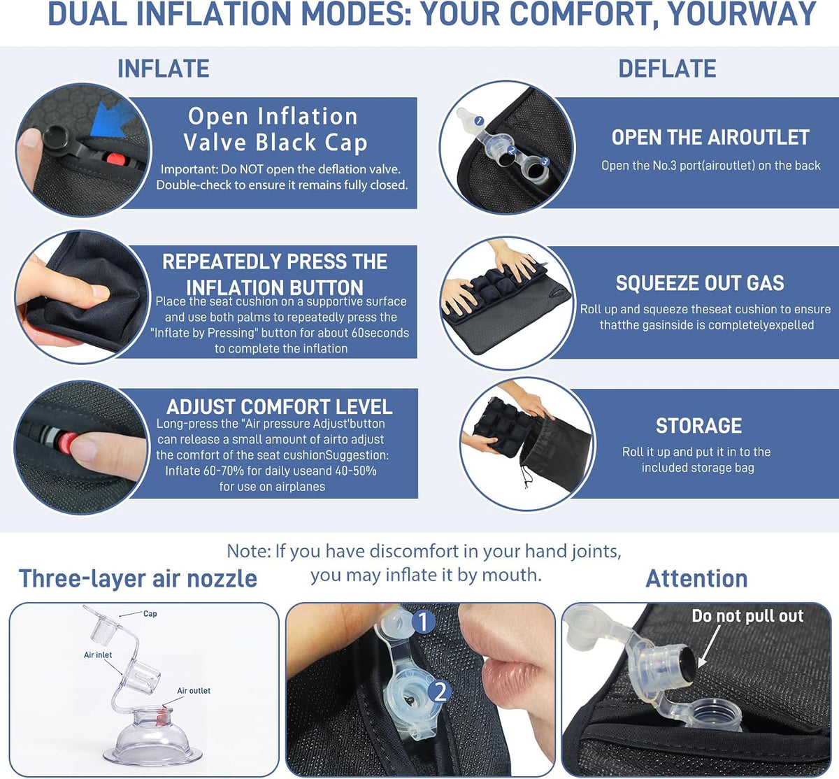 Airplane Seat Cushion for Long Flights Press-Type Inflatable Travel Seat Cushion with 3D Air Cells Portable Comfort Support Pad for Car, Office Chair & Stadium Bleachers Relieves Sitting Fatigue